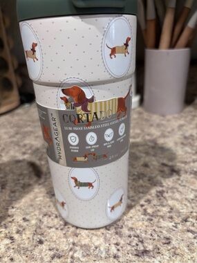 Cream Stainless Steel Travel Mug with Dachshund Design